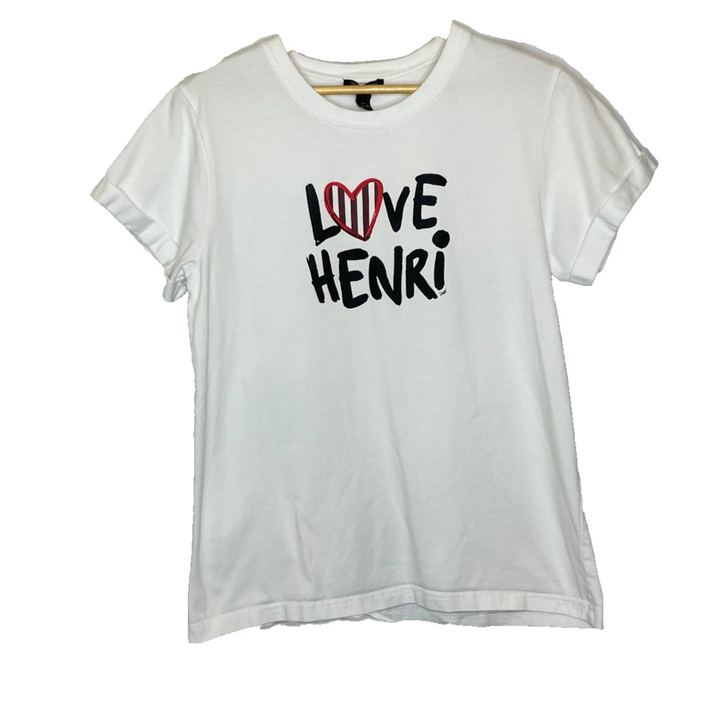 Women's Medium Henri Bendel Logo Heart Tee White Rolled Sleeve Cotton Graphic